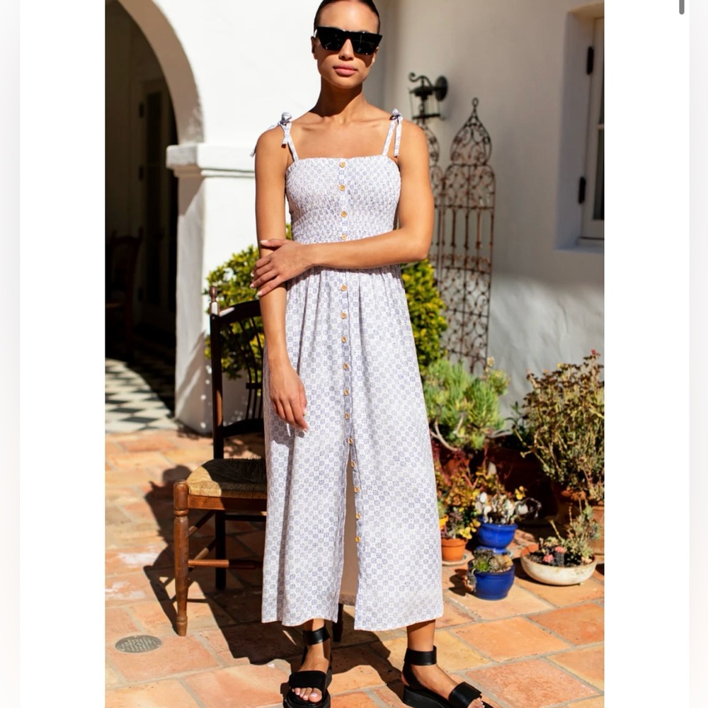 Emerson Fry White Printed Tie-Shoulder Button-Front Midi Dress